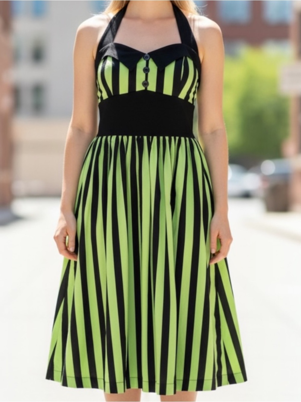 Magnolia Park Beetlejuice Costume Dress Green Black Striped Halter Rockabilly L